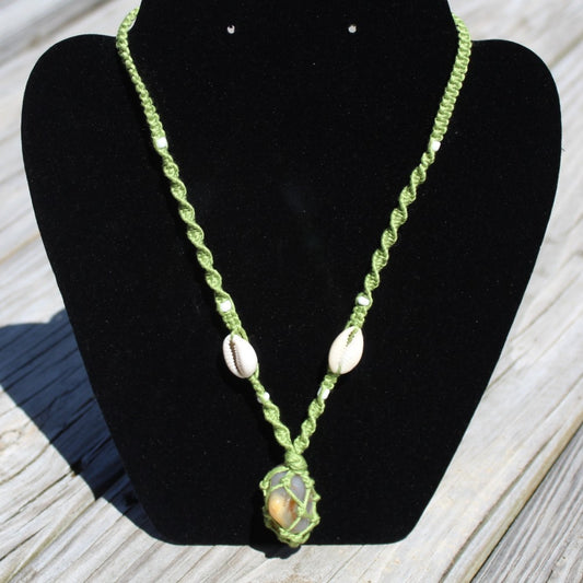 Agate, Shell & Bamboo Necklace 18" Handmade - Green