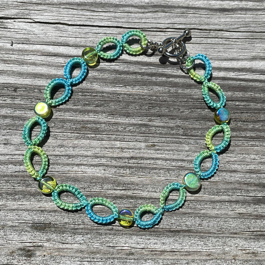 Tatted Lace Bracelet w/ Toggle Clasp -  Blue & Green