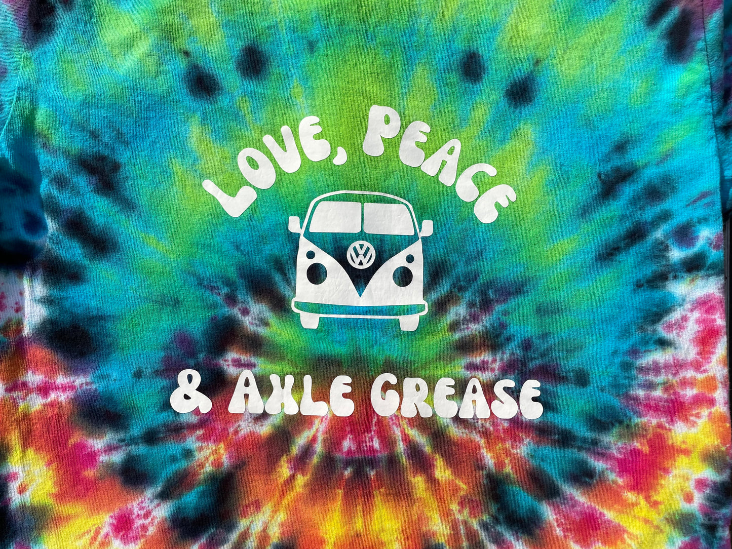 “Love, Peace & Axle Grease” VW Tie Dye Long Sleeve T-Shirt KIDS XL