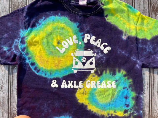 Love, Peace, & Axle Grease Tie Dye T-Shirt Adult Medium