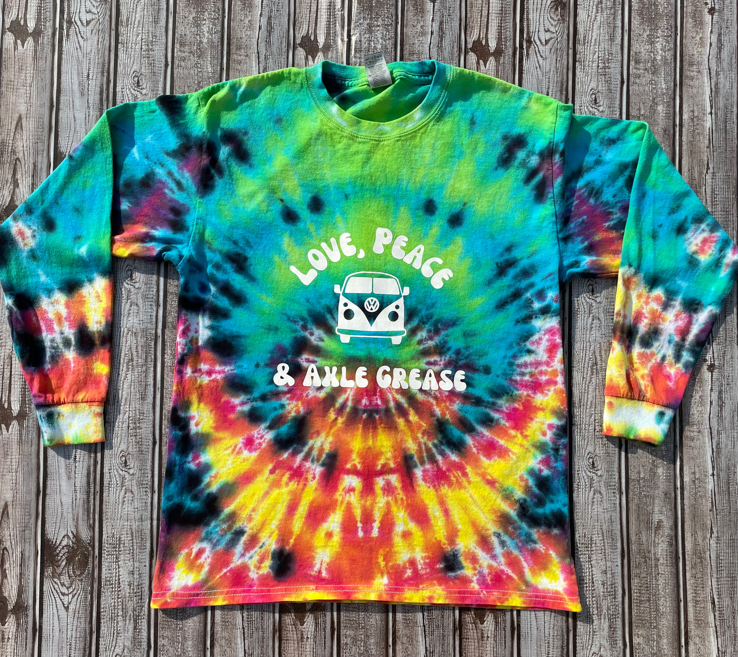 “Love, Peace & Axle Grease” VW Tie Dye Long Sleeve T-Shirt KIDS XL