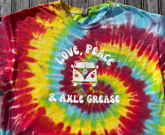 “Love, Peace & Axle Grease” Tie Dye T-Shirt Adult XL