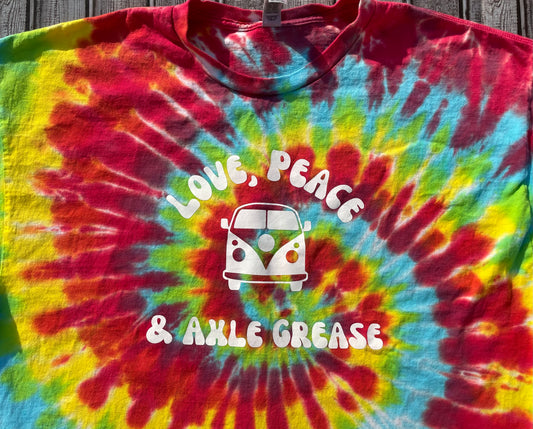 “Love, Peace & Axle Grease” Tie Dye T-Shirt Adult 2XL