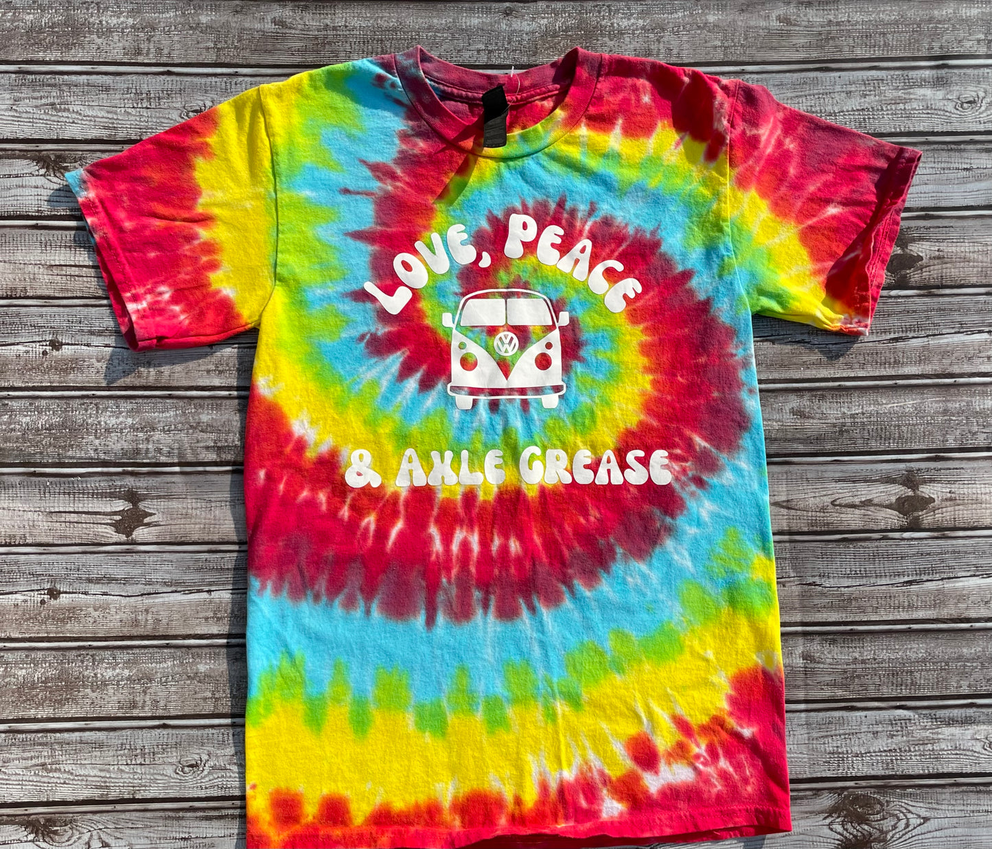 “Love, Peace & Axle Grease VW Tie Dye T-Shirt Adult SMALL