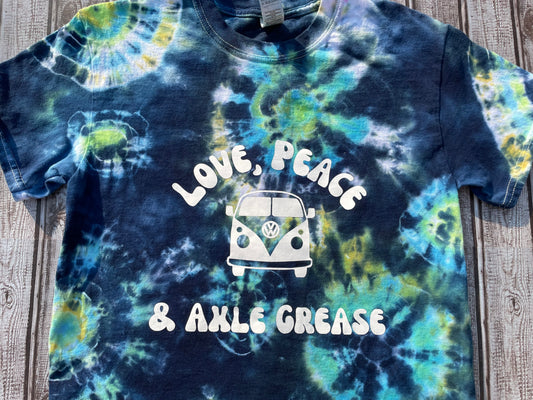 Love, Peace, & Axle Grease Tie Dye T-Shirt Adult Small