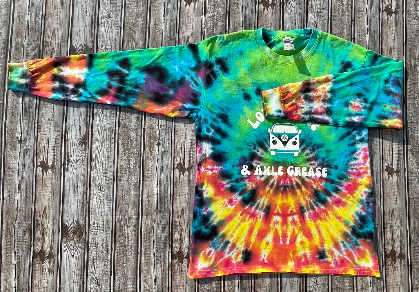 “Love, Peace & Axle Grease” VW Tie Dye Long Sleeve T-Shirt KIDS XL