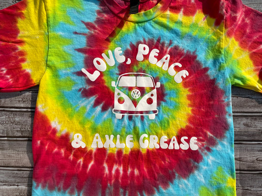 “Love, Peace & Axle Grease VW Tie Dye T-Shirt Adult SMALL