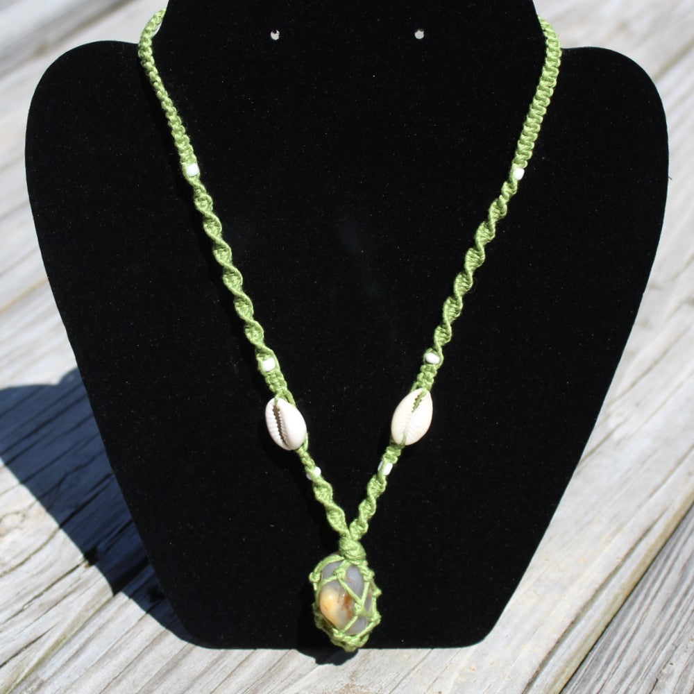 Agate, Shell & Bamboo Necklace 18" Handmade - Green