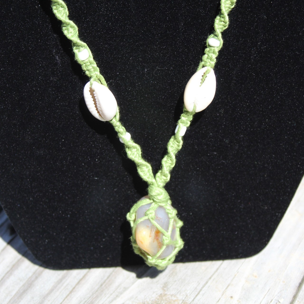 Agate, Shell & Bamboo Necklace 18" Handmade - Green