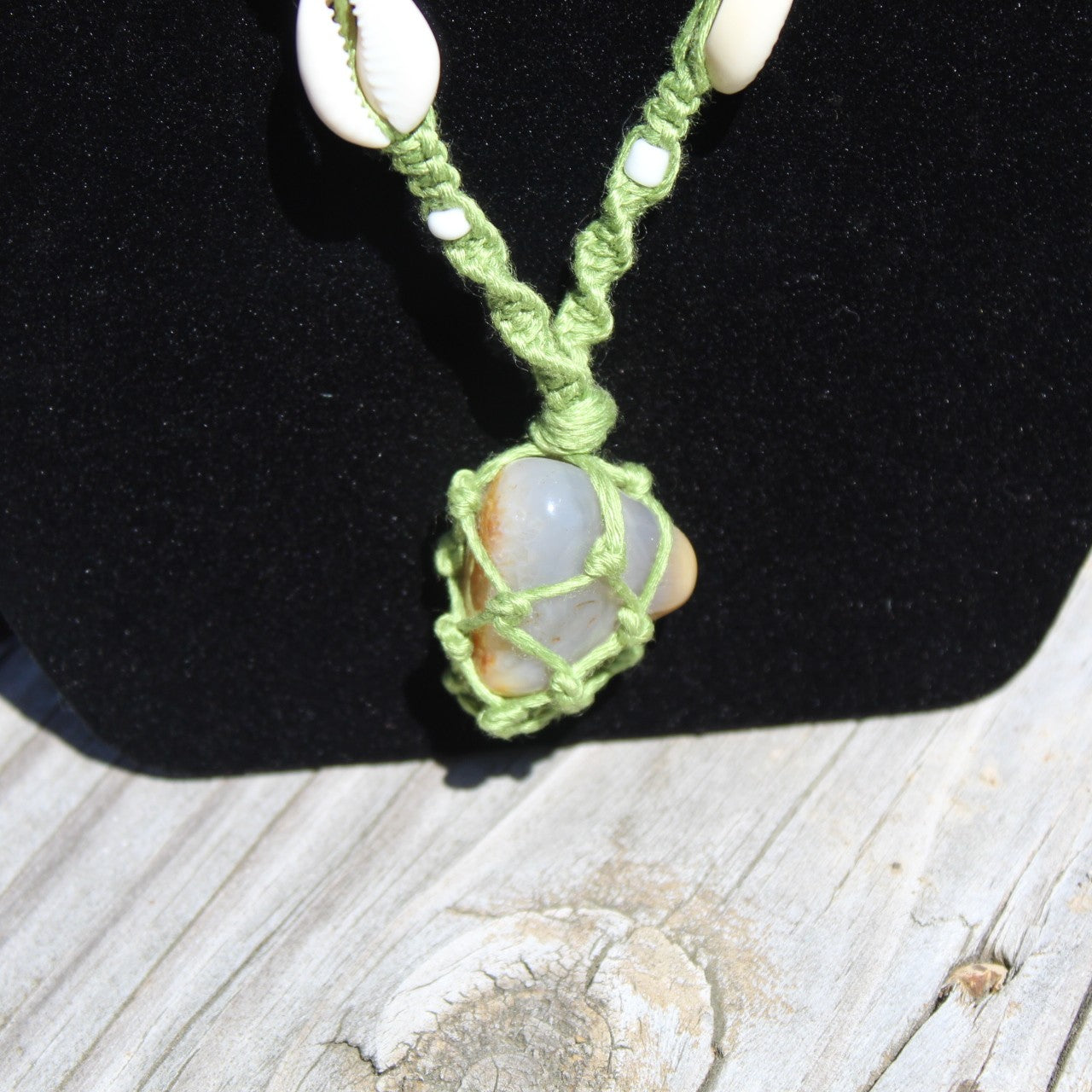 Agate, Shell & Bamboo Necklace 18" Handmade - Green