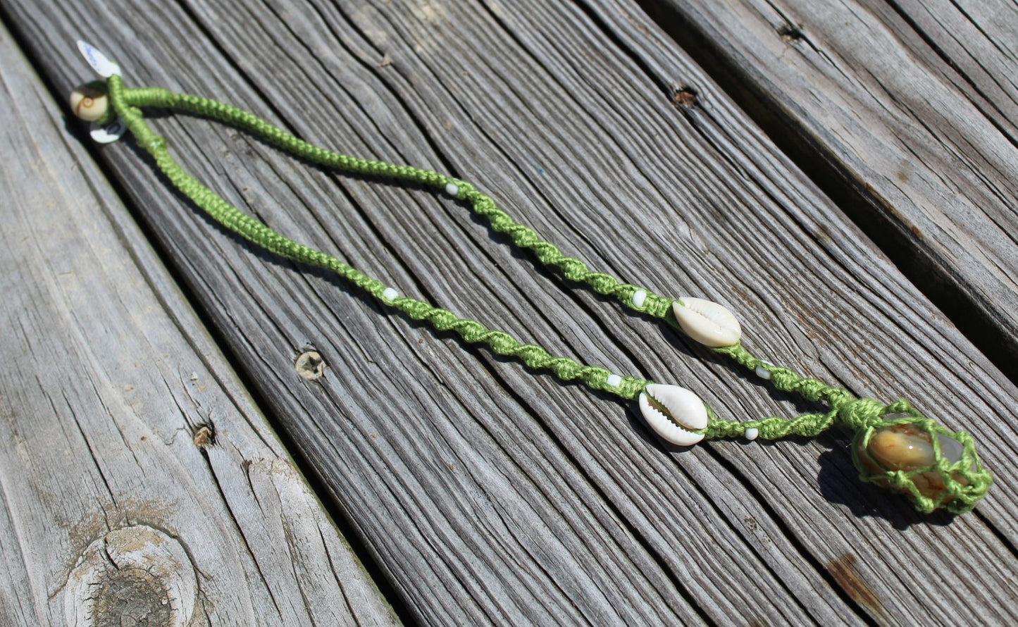 Agate, Shell & Bamboo Necklace 18" Handmade - Green