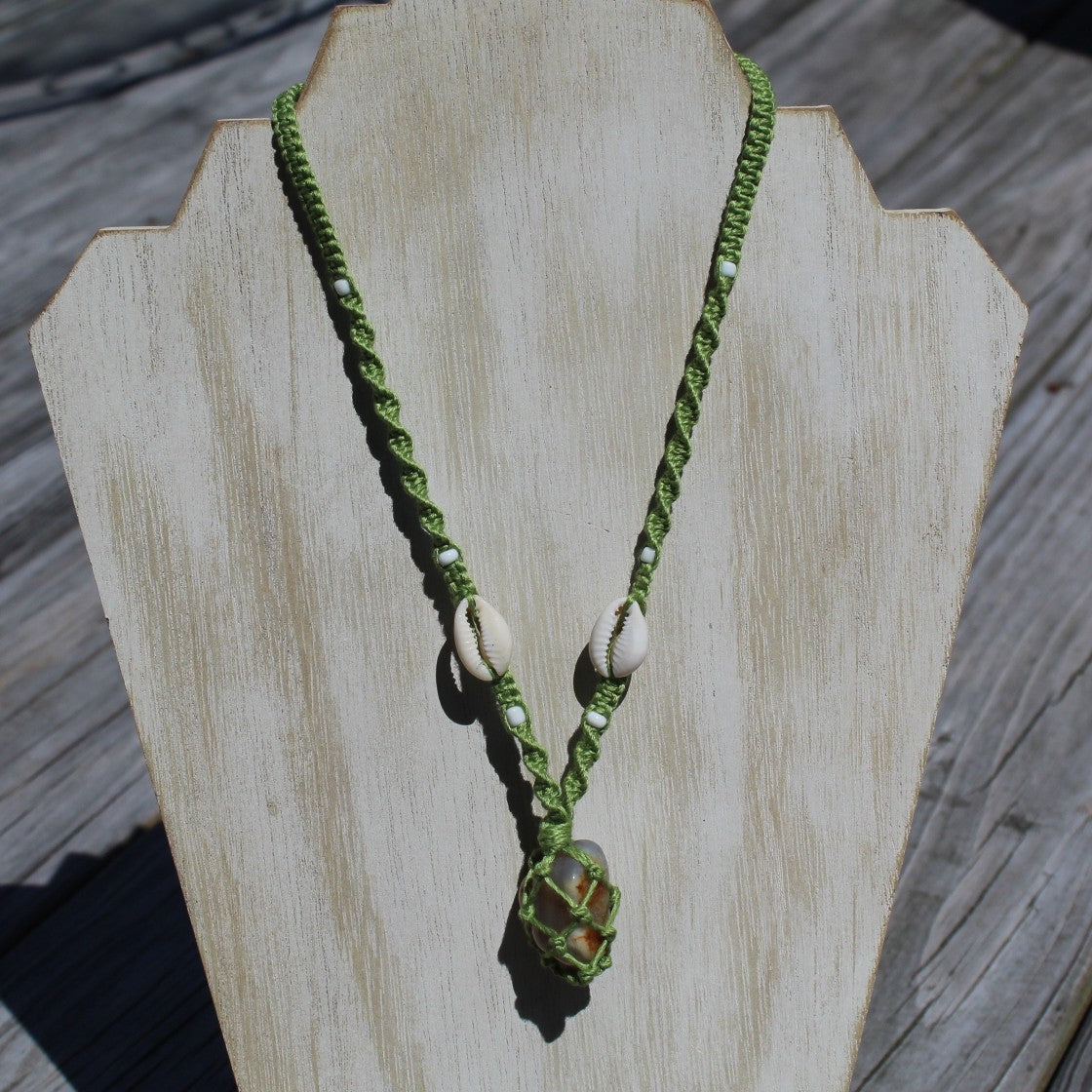 Agate, Shell & Bamboo Necklace 18" Handmade - Green