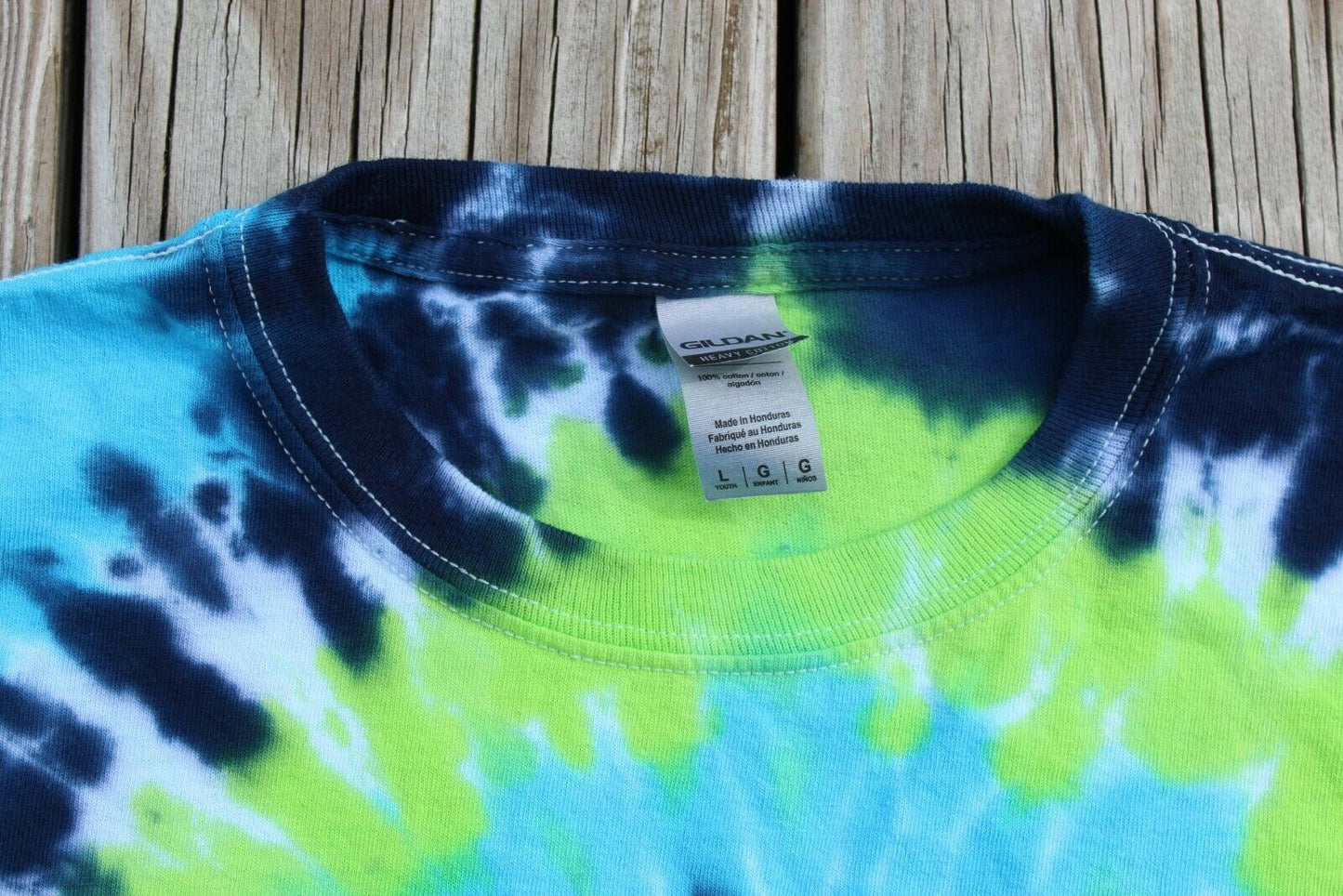 Tie Dye Long Sleeve T-Shirt Youth Large - Blues & Green - Hand-dyed in USA