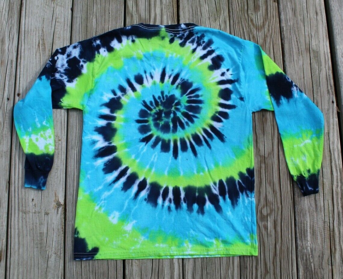 Tie Dye Long Sleeve T-Shirt Youth Large - Blues & Green - Hand-dyed in USA