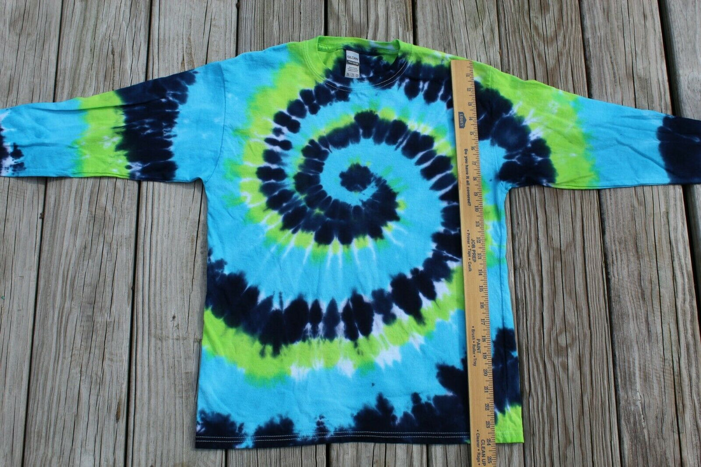 Tie Dye Long Sleeve T-Shirt KIDS XL Spiral - Blues & Green - Hand-dyed in USA