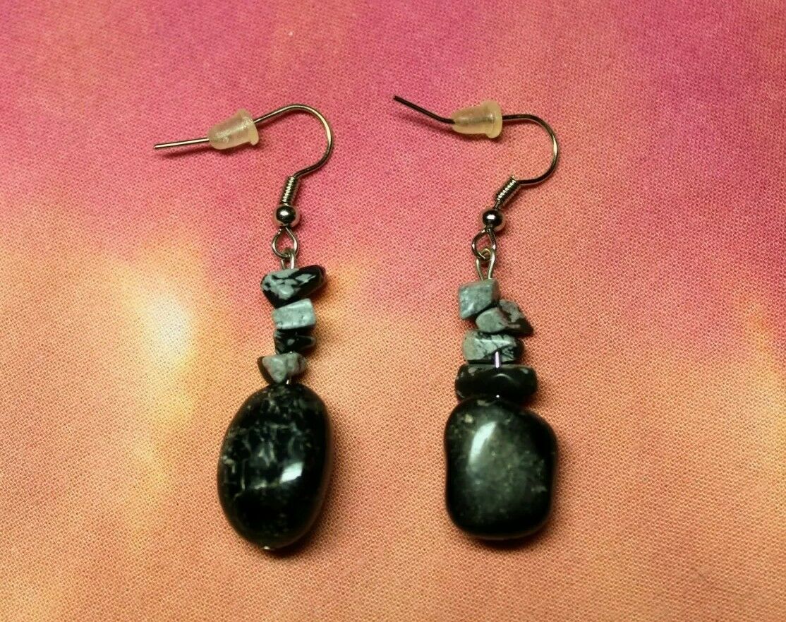 Crystal Chip Earrings Snowflake OBSIDIAN Healing Energy US SELLER