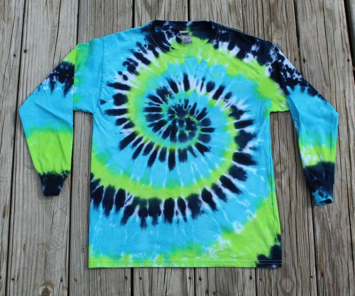 Tie Dye Long Sleeve T-Shirt Youth Large - Blues & Green - Hand-dyed in USA