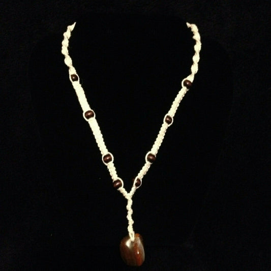 Agate & Wood Beads Hemp Necklace White Handmade in USA #674