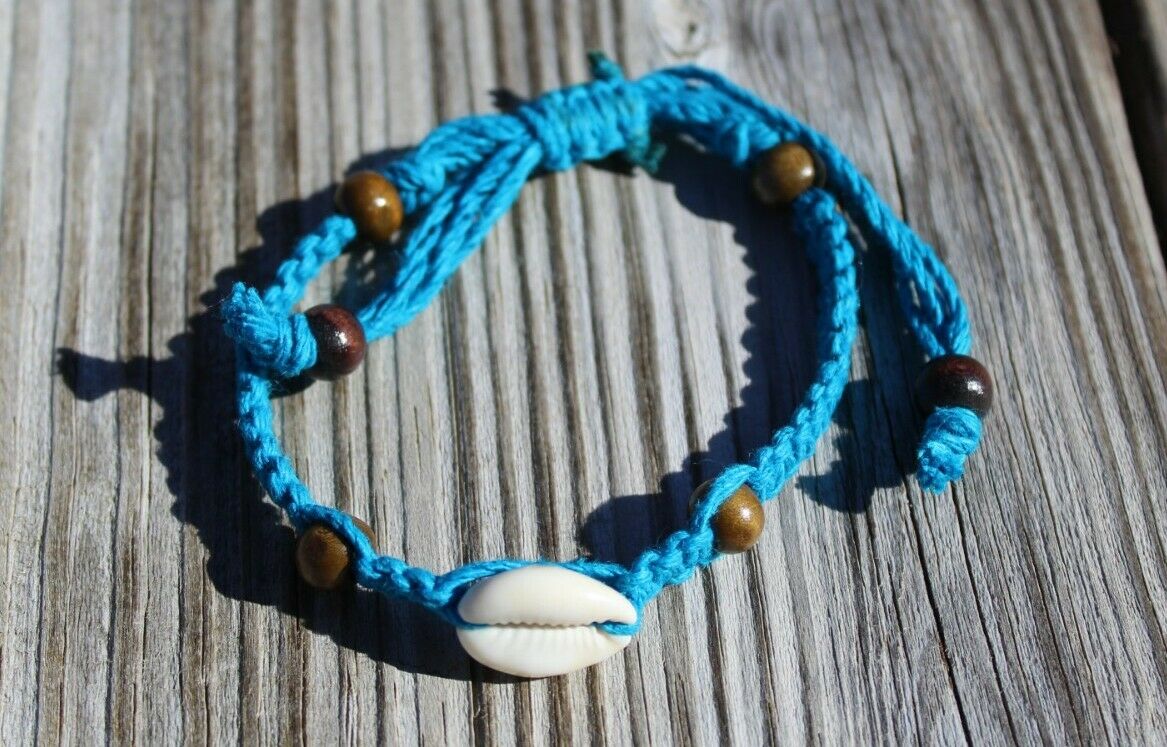 Adjustable Hemp Bracelet with Cowrie Shell Turquoise HANDMADE IN USA