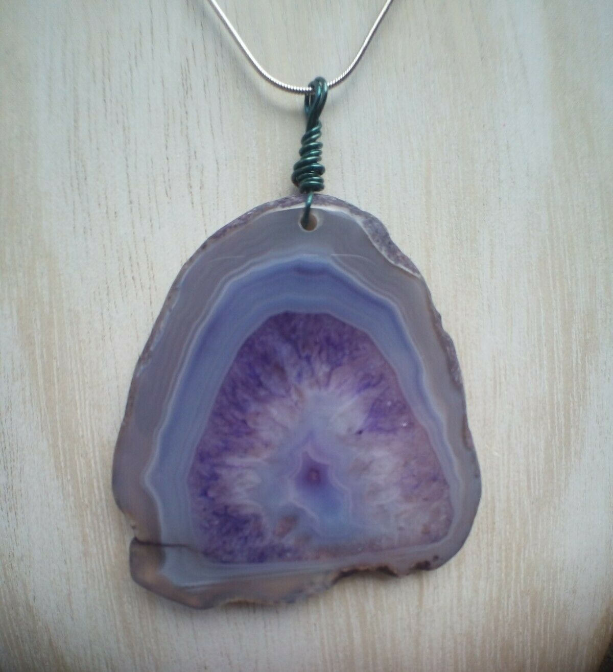 Purple Agate Polished Pendant on Stainless Steel Chain - Crystal Healing