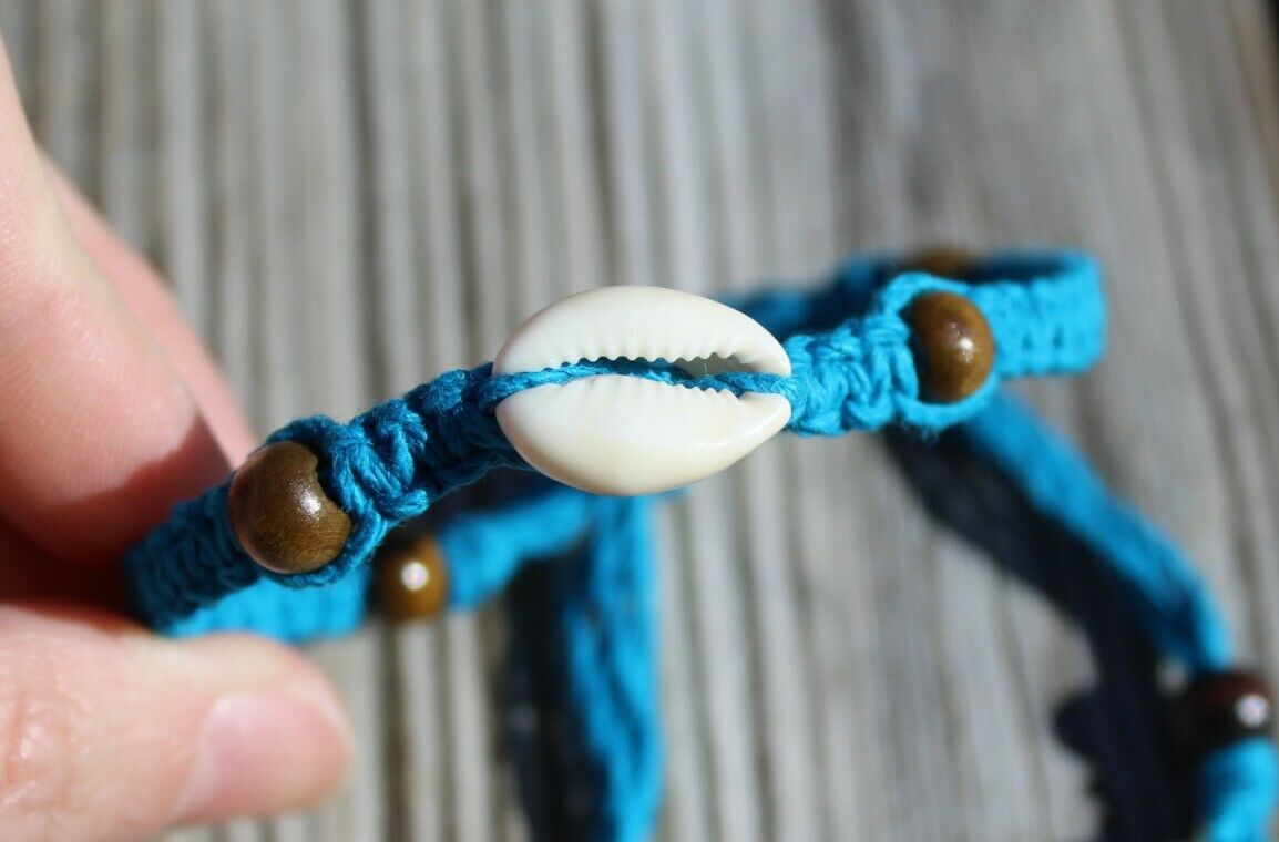 Adjustable Hemp Bracelet with Cowrie Shell Turquoise HANDMADE IN USA