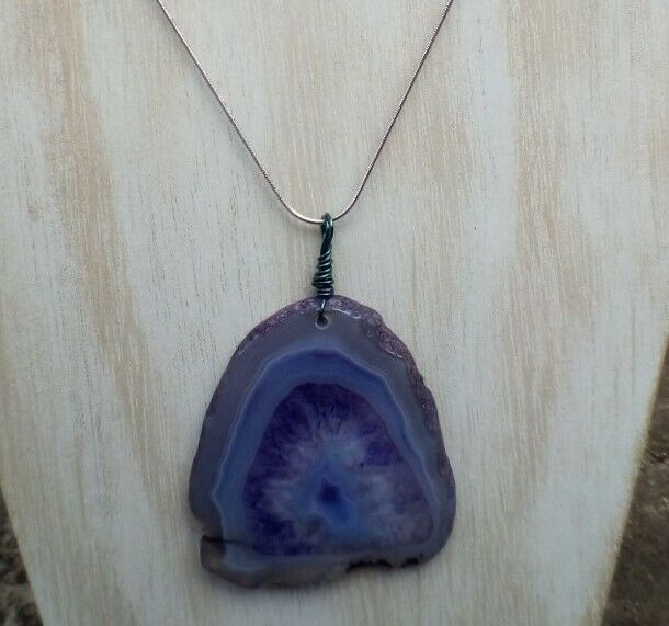 Purple Agate Polished Pendant on Stainless Steel Chain - Crystal Healing
